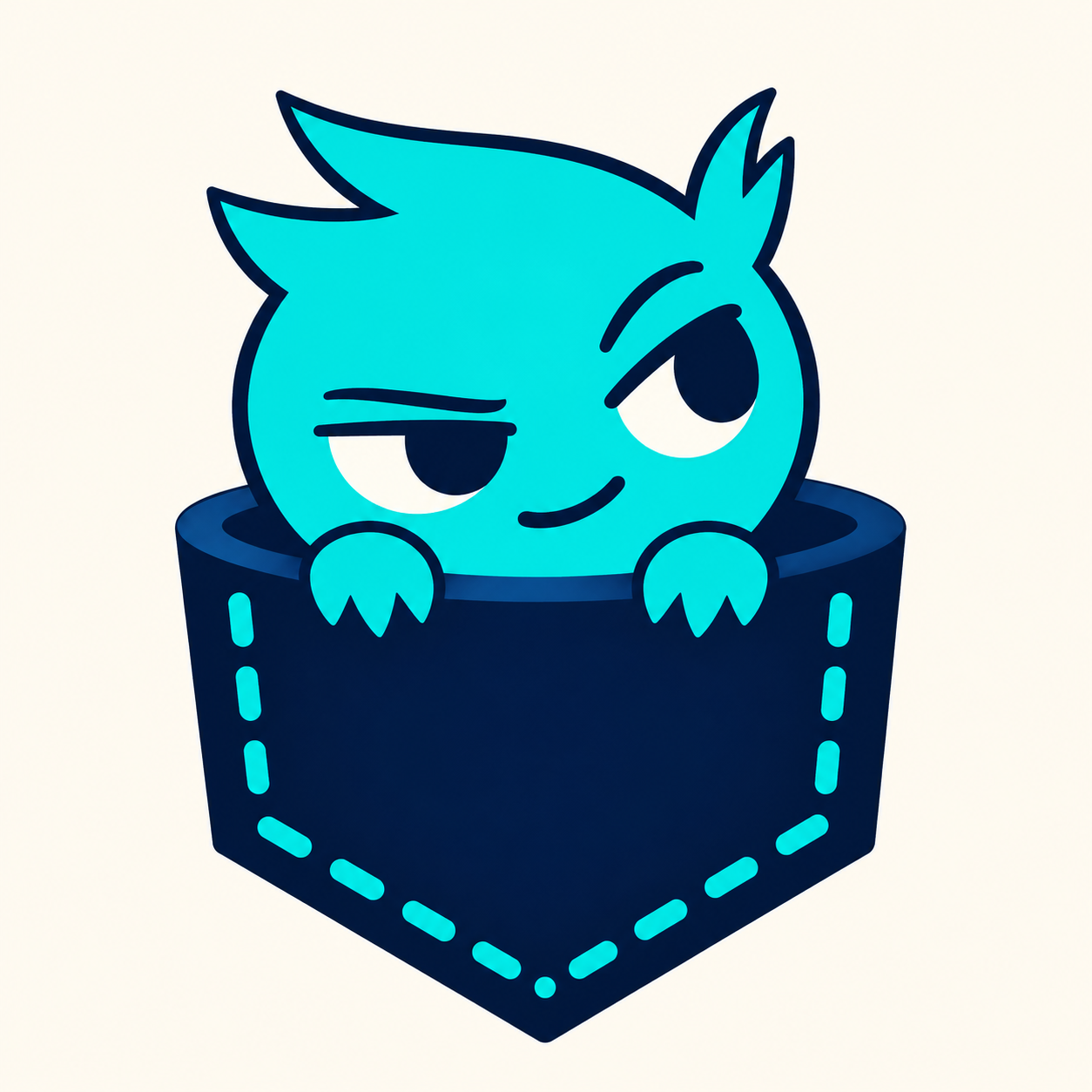 PocketFrolic mascot peeking out of a stitched pocket